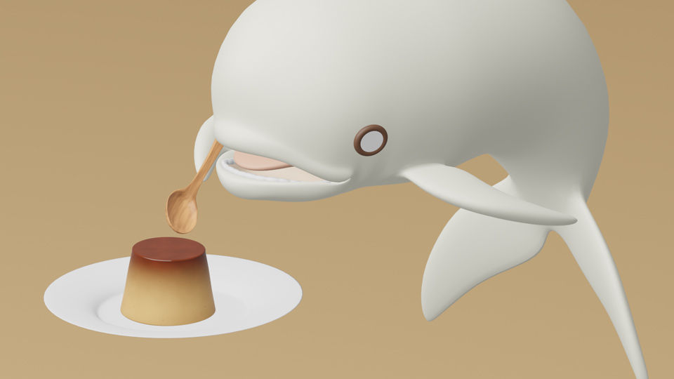 チロ、プリンをぷるぷるする