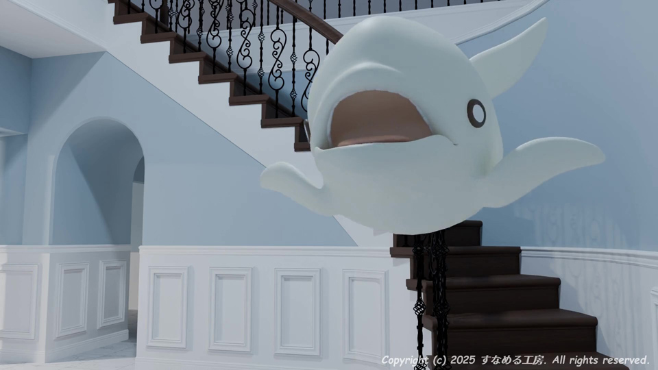 チロ、師兄に続きかっこよく階段を下りる